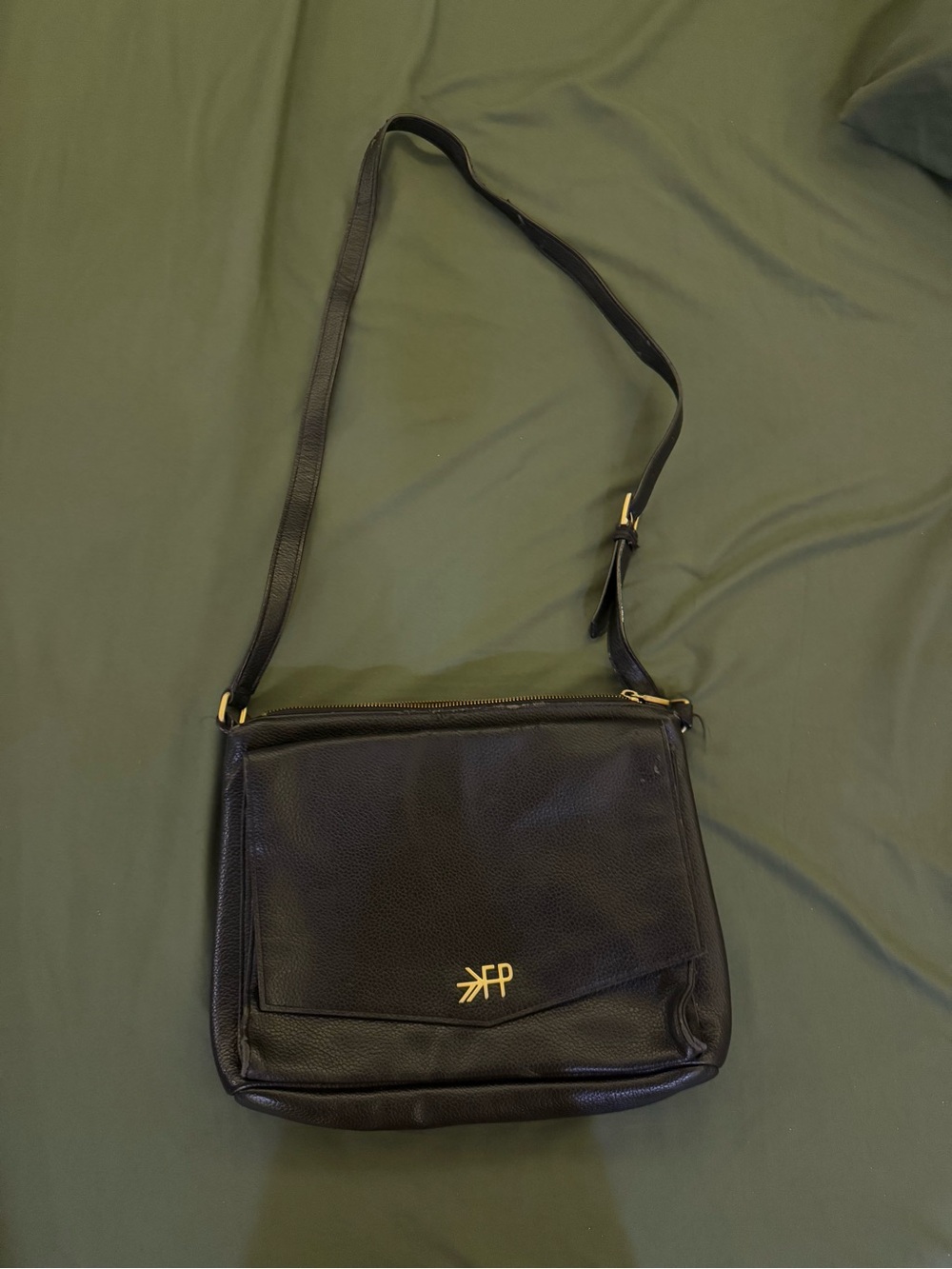 Black Leather Crossbody Messenger Bag with Gold Free People Logo